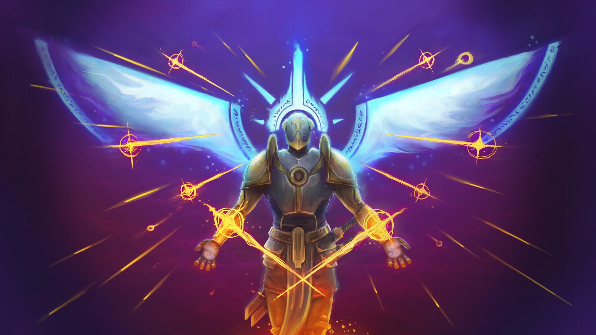 HD PC desktop wallpaper featuring a paladin character with glowing wings and fiery runes from the RPG video game ULTRAKILL.