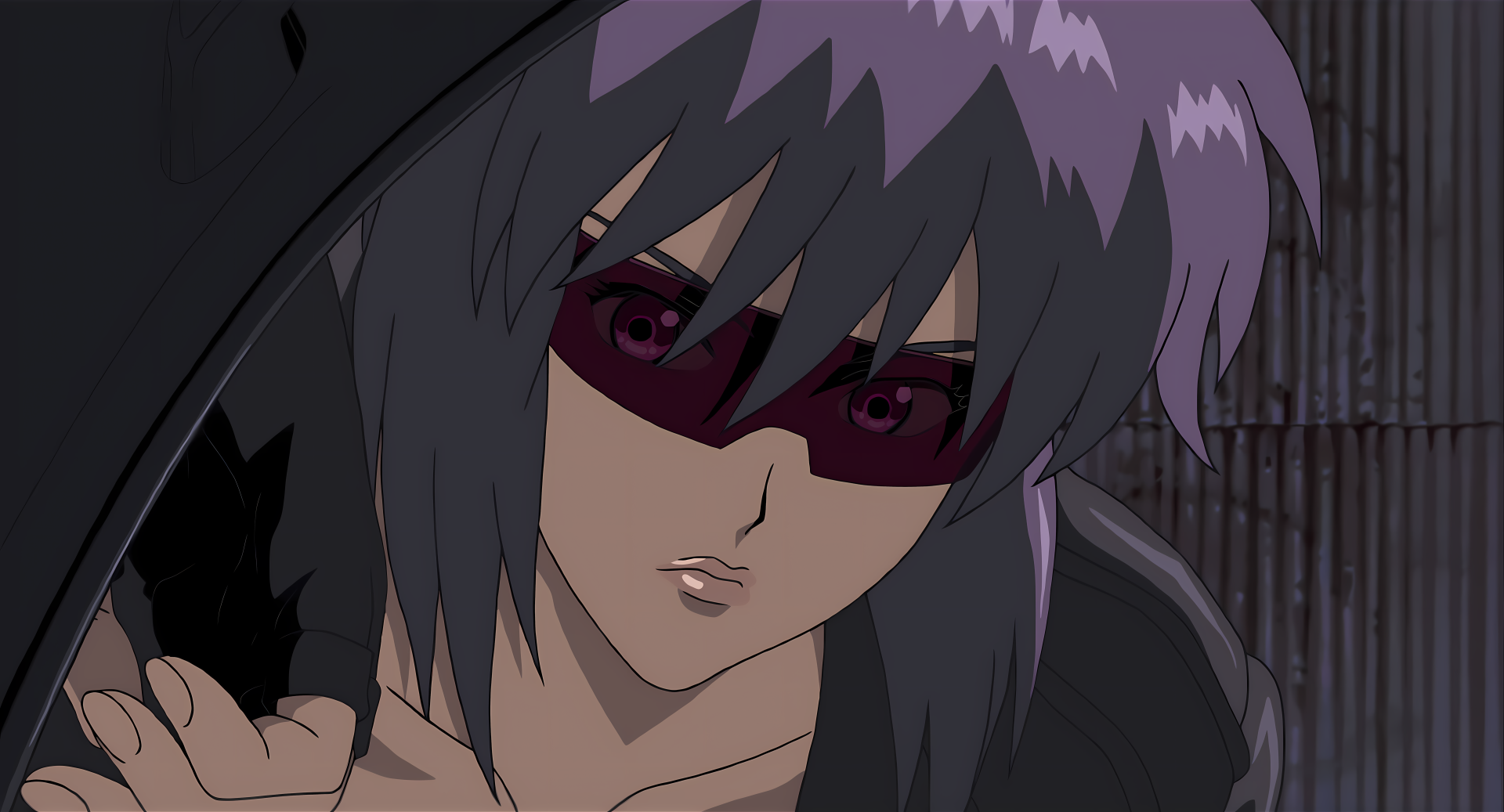 Anime-style 4K Ultra HD desktop wallpaper featuring a female character from Ghost in the Shell with purple hair and red-tinted glasses in a dark setting.