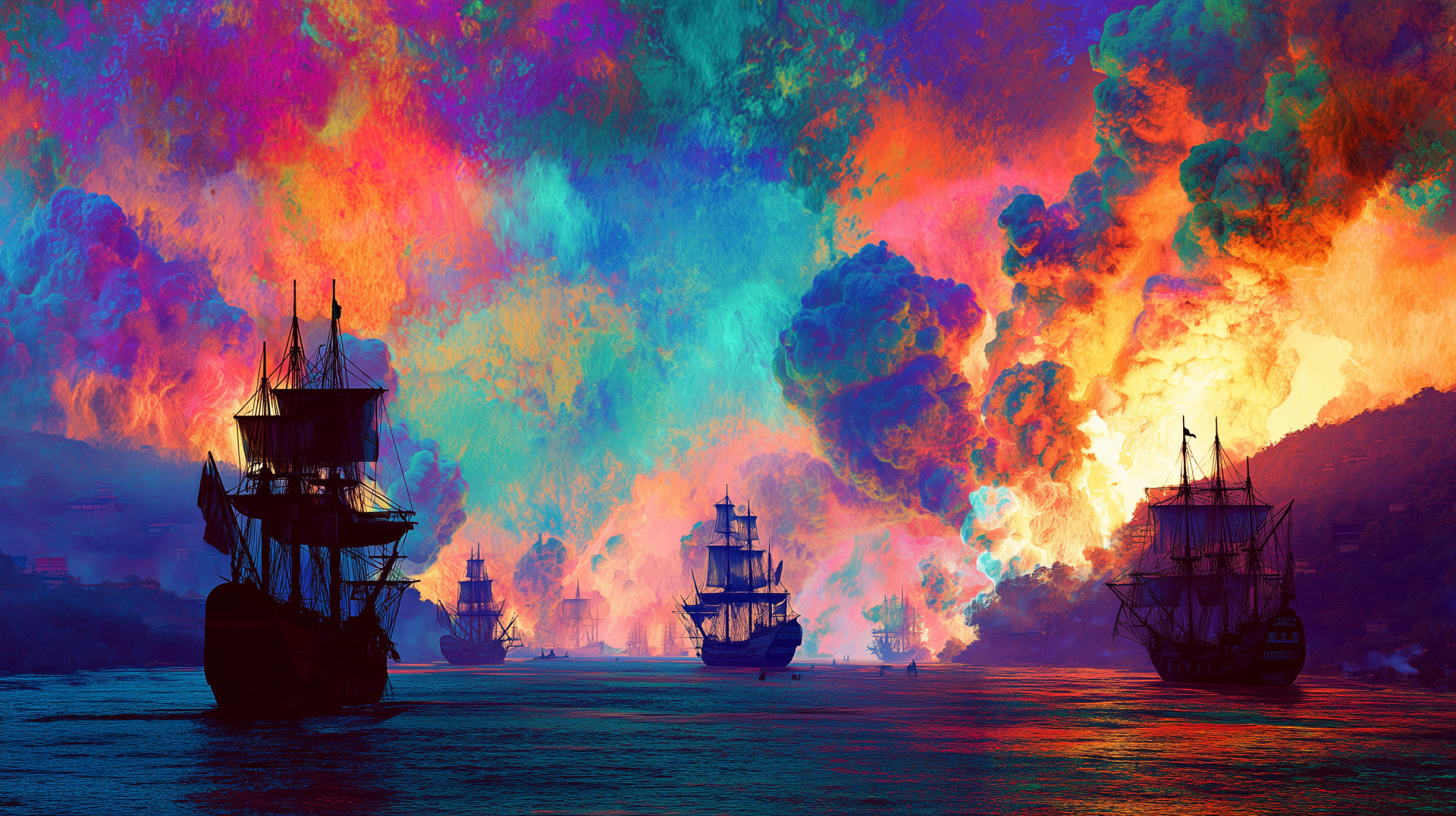 Colorful psychedelic art depicting pirate ships sailing through a vibrant, cloud-filled landscape, designed as an HD PC desktop wallpaper background.
