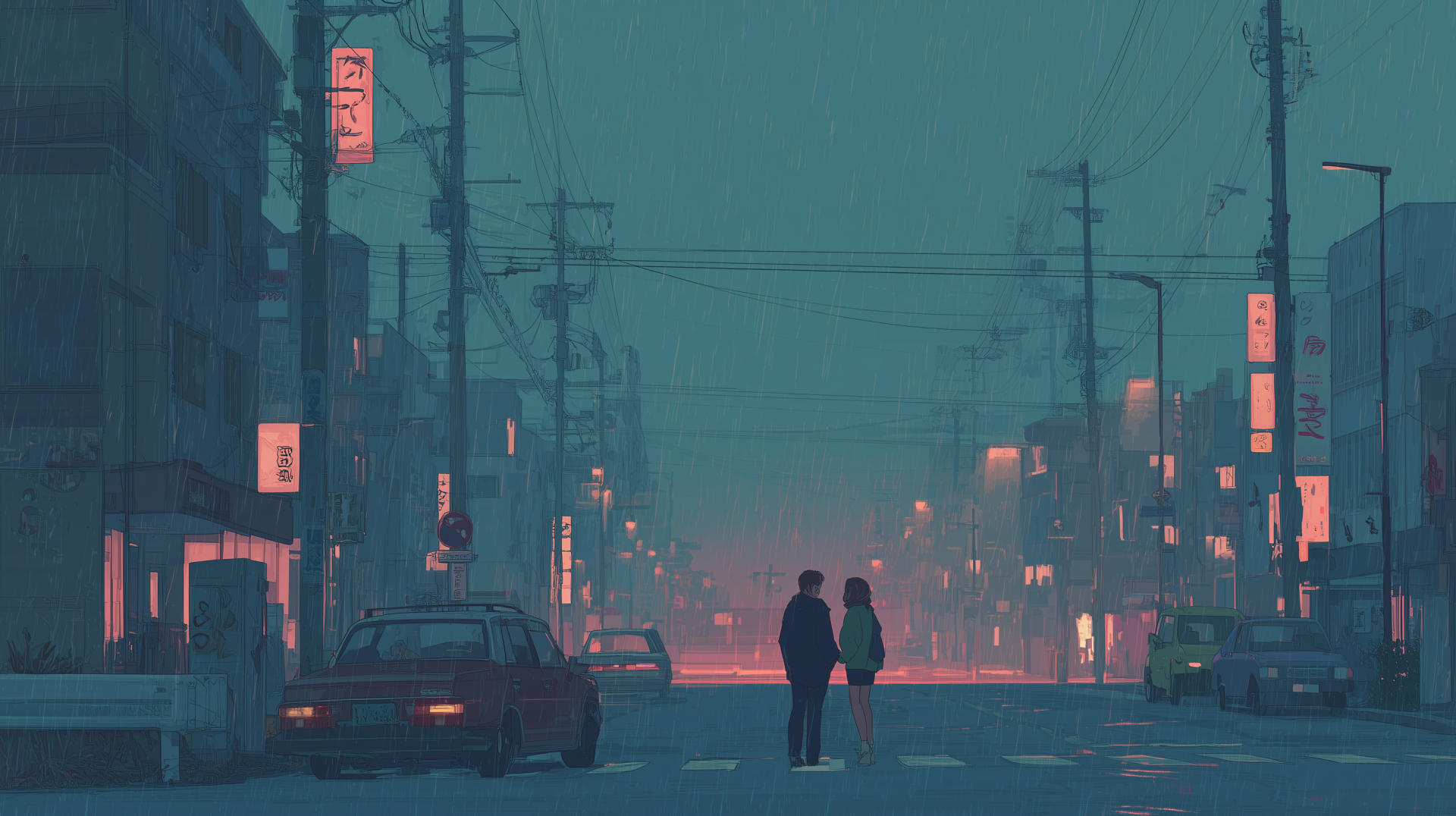 HD retro anime wallpaper depicting a couple standing in the rain on a city street illuminated by glowing neon signs.