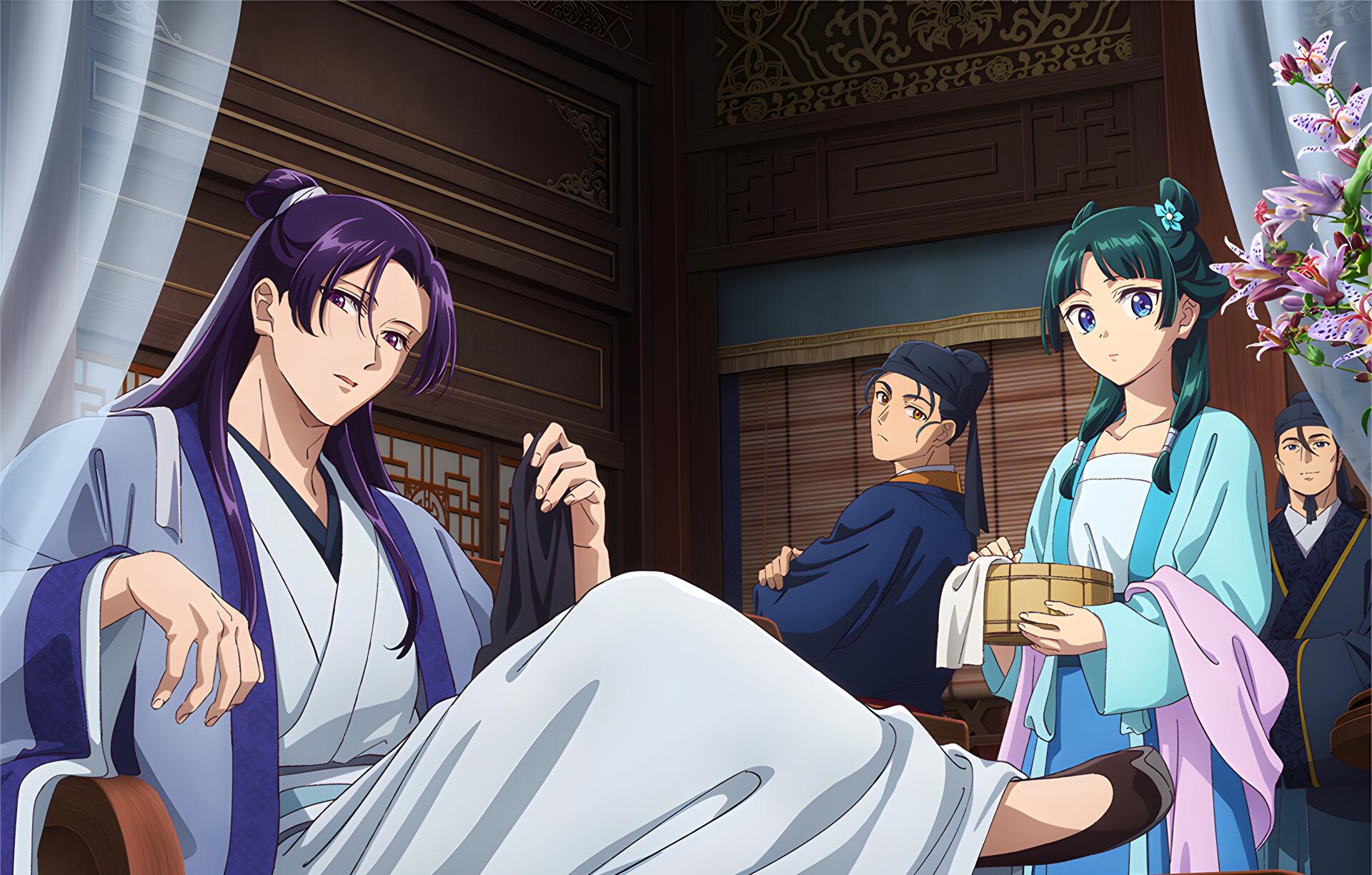 Anime-style 4K Ultra HD wallpaper featuring Jinshi and Maomao from The Apothecary Diaries in a traditional interior setting with detailed character designs and vibrant colors.