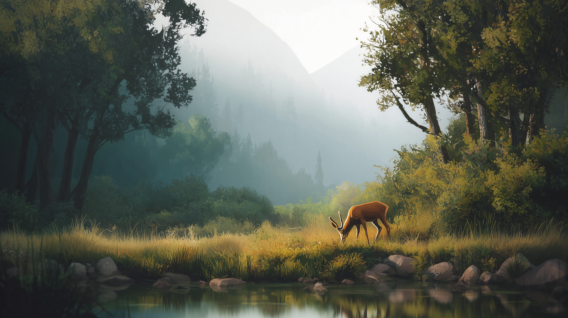 HD PC desktop wallpaper of a gazelle in a serene nature scene, featuring an artistic landscape with soft light, trees, and a reflective water body.