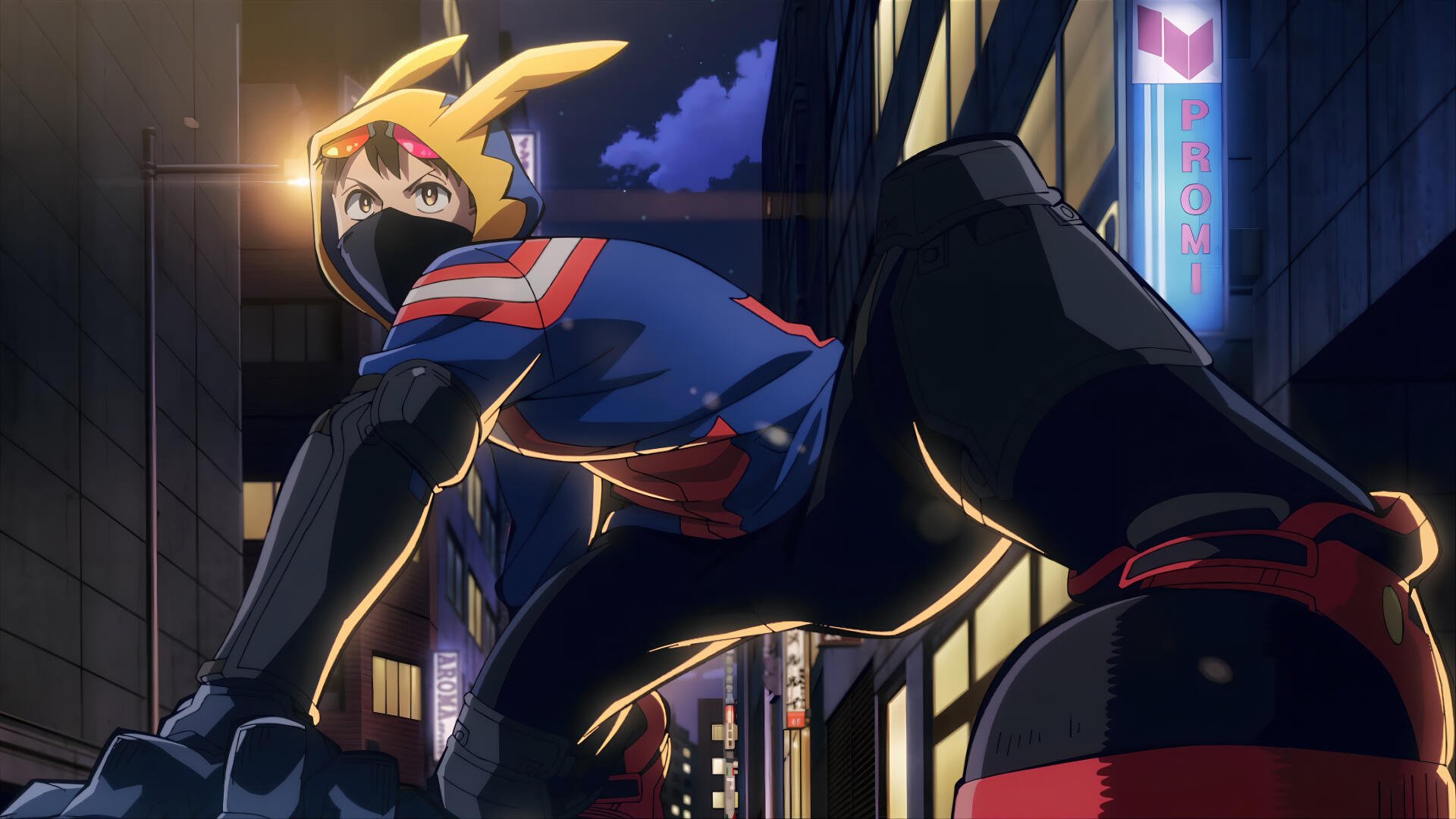 Anime 4K Ultra HD PC wallpaper featuring Koichi Haimawari from My Hero Academia: Vigilantes in a dynamic urban night scene.