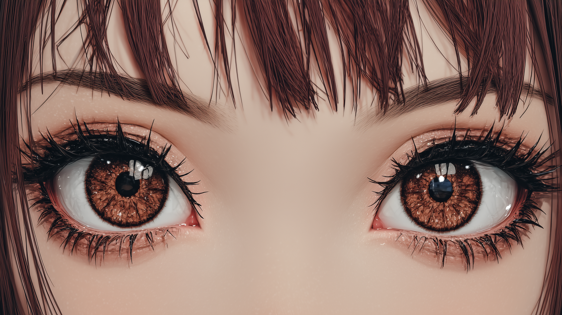 Close-up HD anime eyes with detailed eyelashes and eyebrows, designed as a striking PC desktop wallpaper and background.