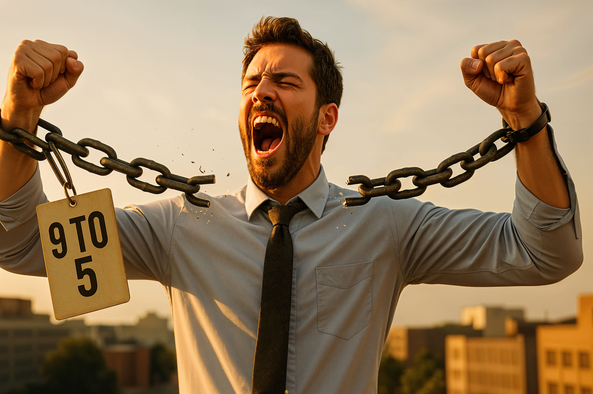 A man in business attire breaks free from chains labeled 9 to 5, symbolizing liberation from the traditional work routine, captured in a 4K Ultra HD desktop wallpaper.