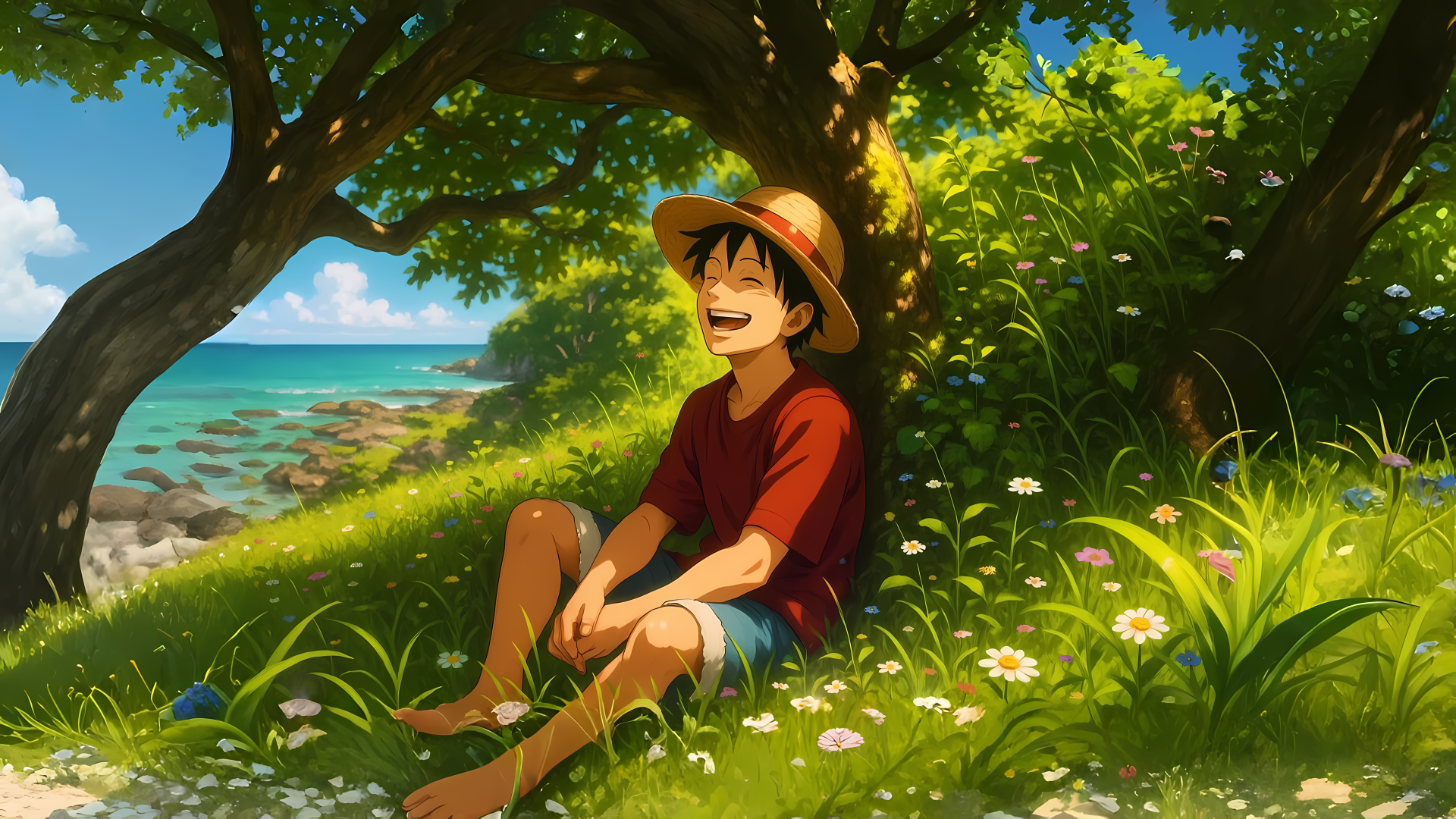 Anime-style 8K Ultra HD wallpaper featuring Monkey D. Luffy from One Piece relaxing joyfully under a tree by the seaside with vibrant greenery and flowers.