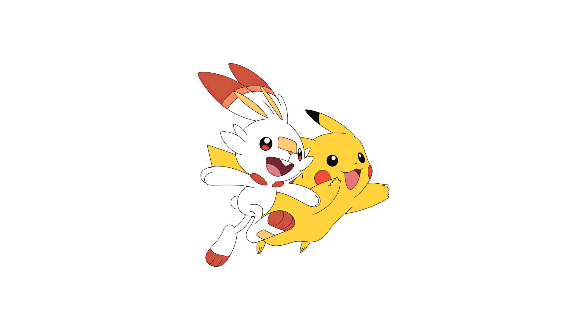 Scorbunny and Pikachu leaping together on a white backdrop, 4K Ultra HD PC desktop wallpaper and background.