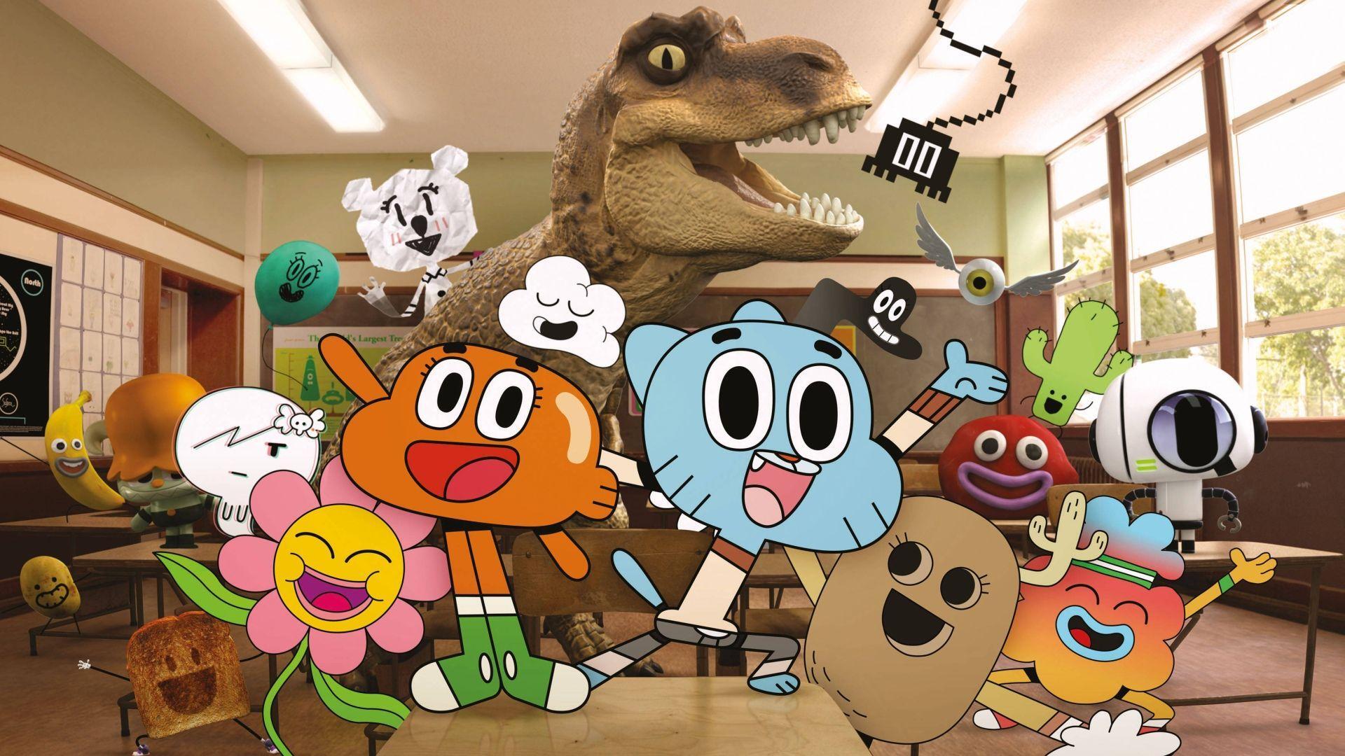 HD desktop wallpaper featuring Gumball Watterson, Darwin Watterson, and characters from the TV show The Amazing World of Gumball in a lively classroom scene.