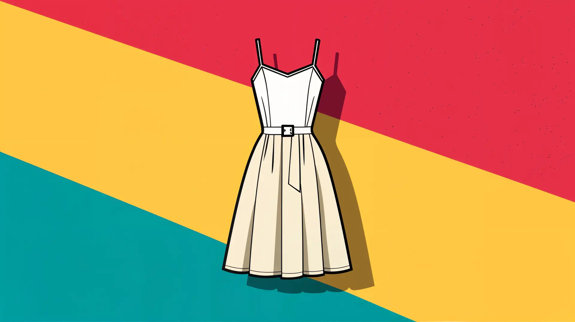 Illustration of a white sundress with a belt against a vibrant red, yellow, and teal striped background. 4K Ultra HD PC desktop wallpaper and background.