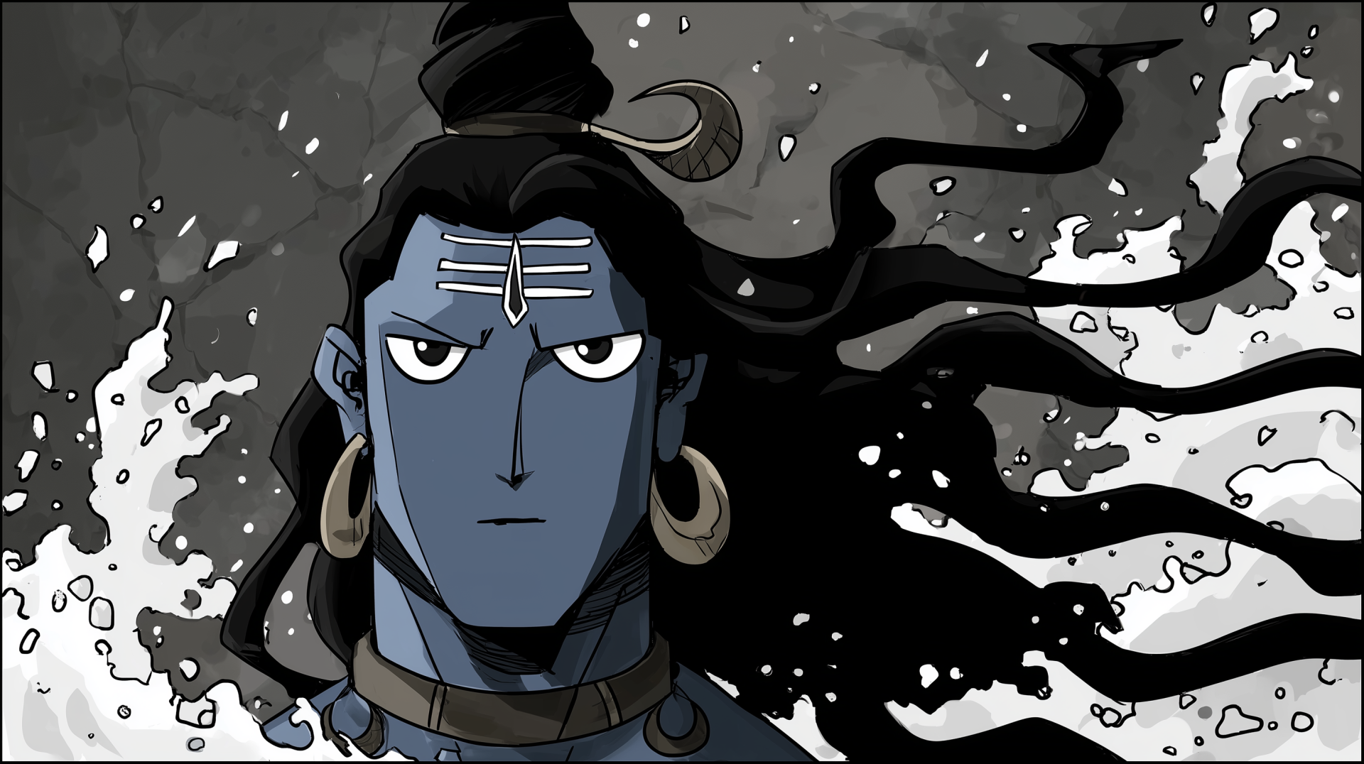 HD PC desktop wallpaper featuring a stylized, intense depiction of Shiva, also known as Mahadev, with flowing hair and traditional markings.