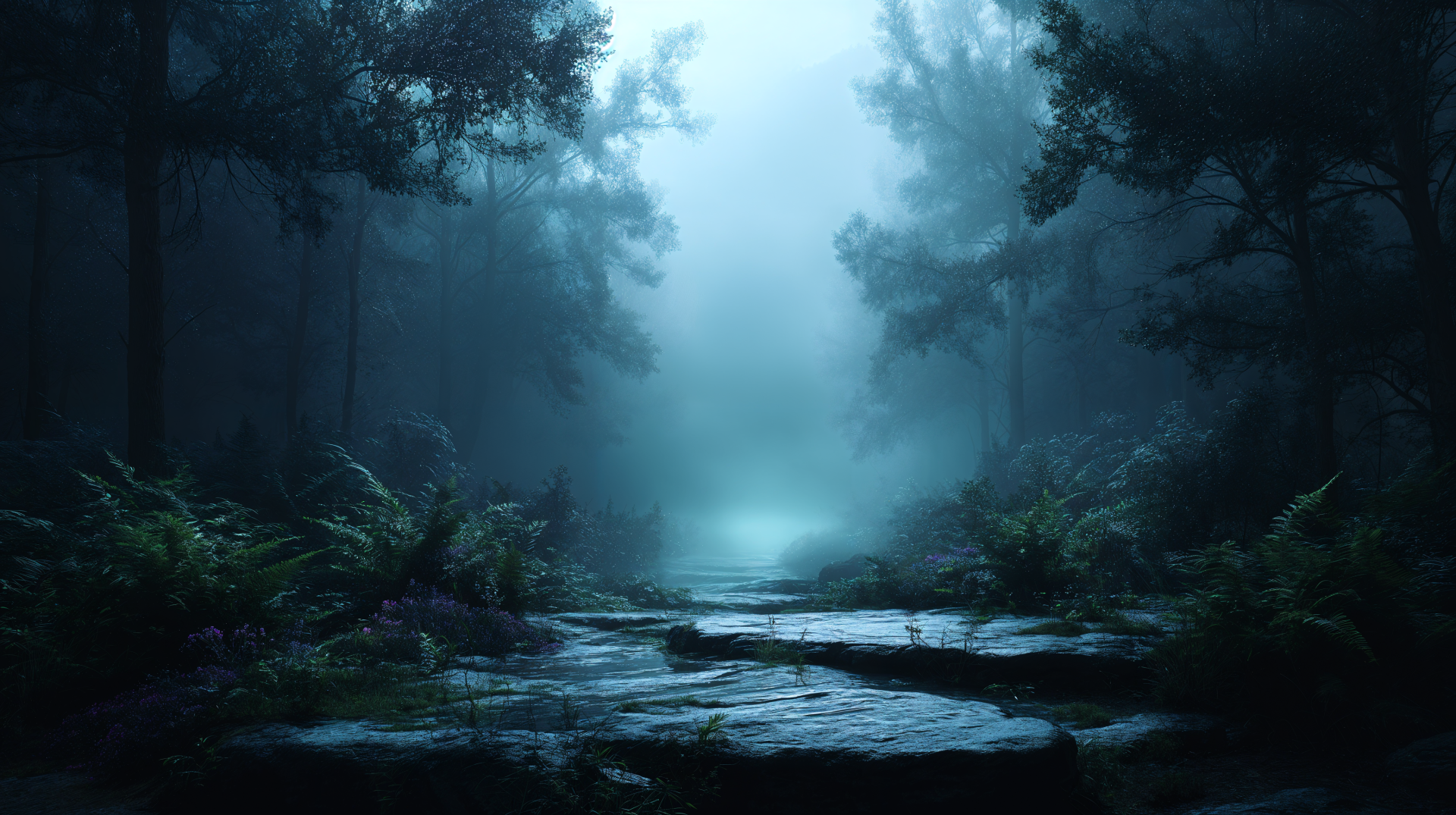 A misty forest scene with dense trees and fog enveloping the path, captured in stunning 4K Ultra HD for a PC desktop wallpaper.
