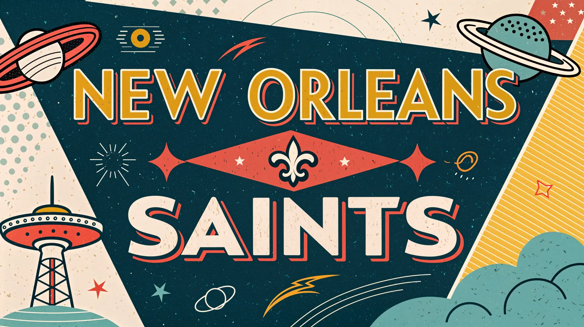 4K Ultra HD New Orleans Saints desktop wallpaper featuring retro space-themed design with the team's name and fleur-de-lis emblem prominently displayed.