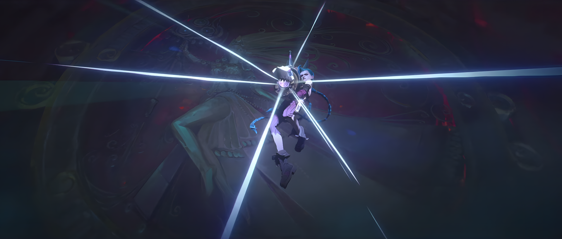 4K Ultra HD wallpaper featuring Jinx from Arcane Season 2, the TV show inspired by League of Legends, set against a dark, dynamic background with intersecting light beams.