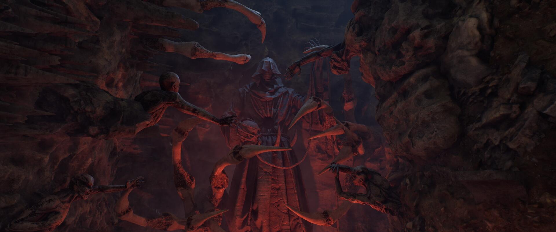 HD PC desktop wallpaper from the video game The Elder Scrolls IV: Oblivion, featuring dark, eerie figures in a shadowy, ancient setting.