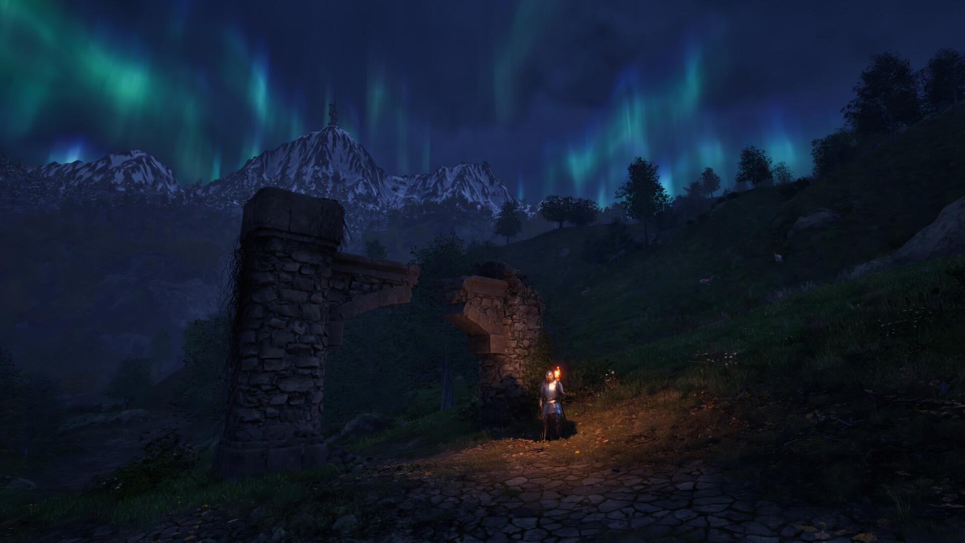 HD PC desktop wallpaper showcasing a nighttime scene from The Elder Scrolls IV: Oblivion, featuring a character with a torch in a mystical gaming environment under northern lights.