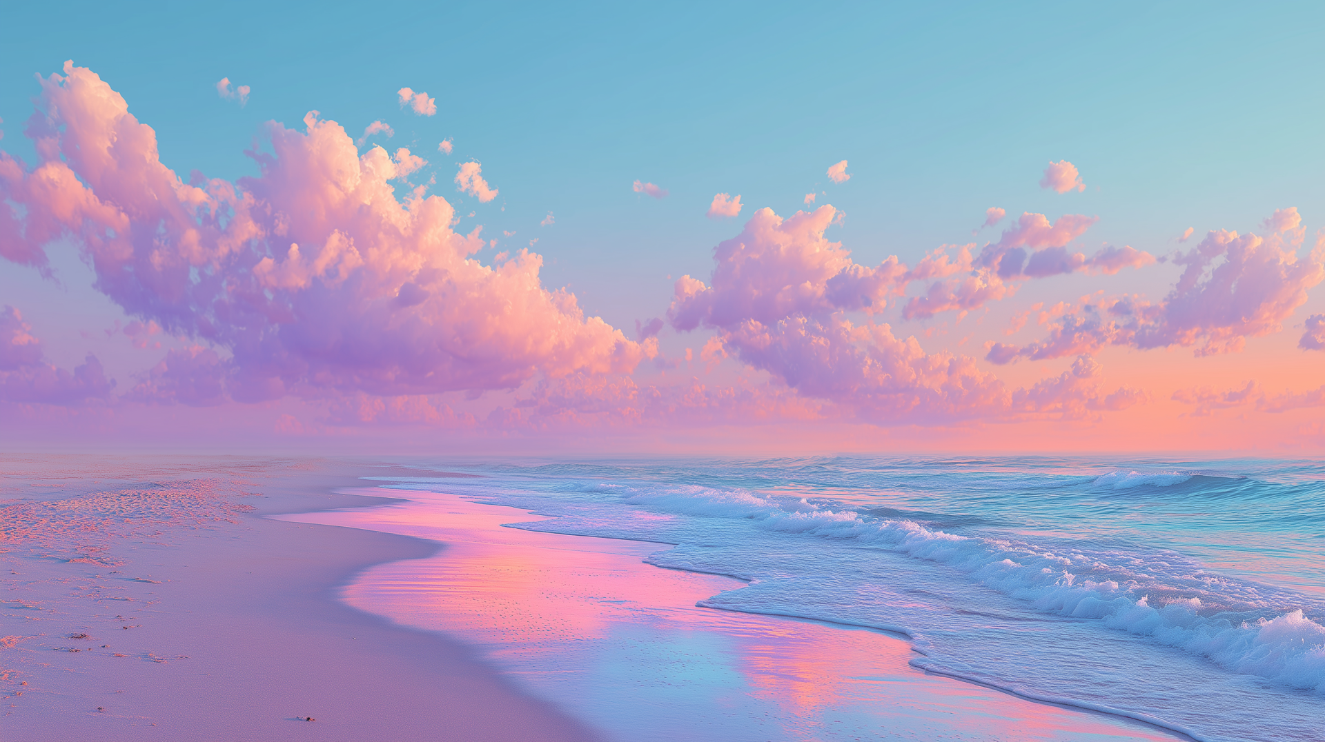 HD desktop wallpaper of a pastel-colored beach at sunset, capturing summer vibes and a relaxing atmosphere with soft pink and blue hues.