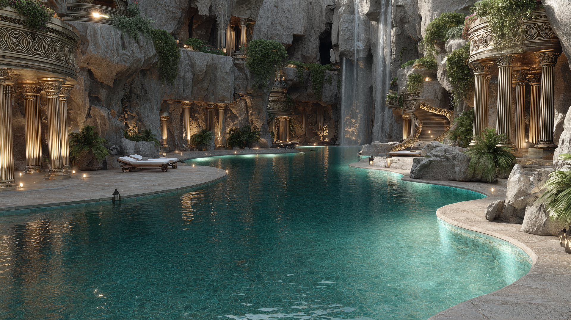 HD desktop wallpaper showcasing a luxury hotel pool with elegant decor, surrounded by rock formations and cascading waterfalls for a serene, upscale ambiance.