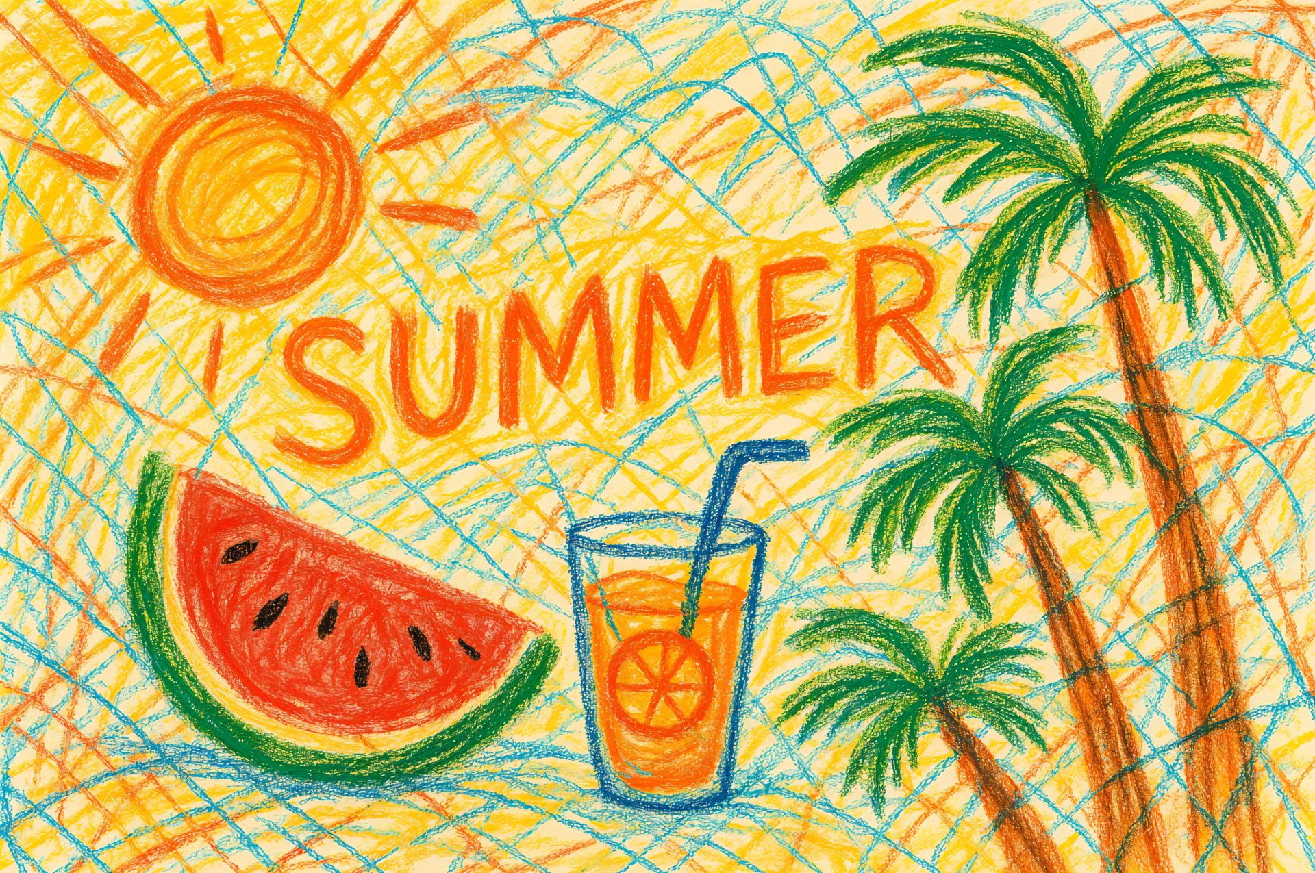 Colorful 4K Ultra HD desktop wallpaper featuring a vibrant summer scene with a bright sun, watermelon slice, orange drink, palm trees, and the word SUMMER in bold letters.