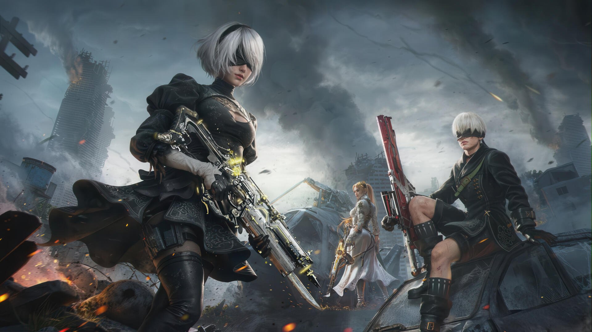 NieR: Automata 2K Quad HD PC desktop wallpaper showing 2B, 9S and A2 standing on a ruined battlefield, weapons ready beneath a stormy, ash-filled sky