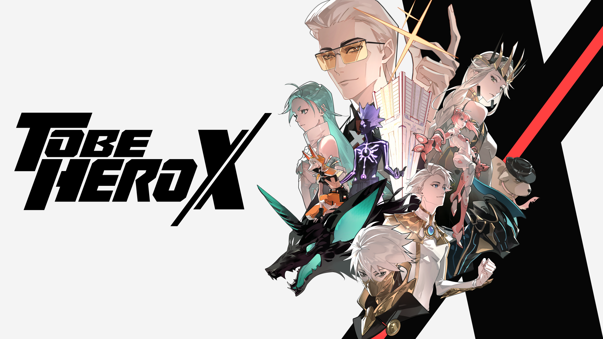 To Be Hero X 4K Ultra HD PC desktop wallpaper: stylized anime heroes and creatures arranged on a white and black diagonal split background with the series logo.