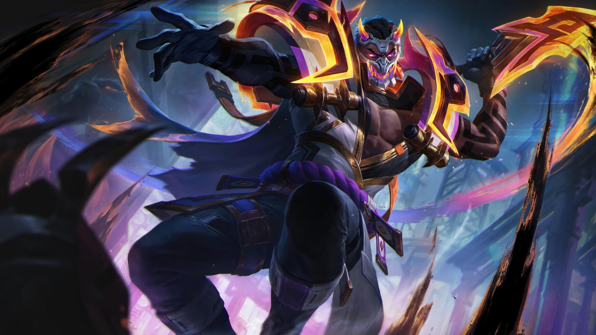 8K Ultra HD PC wallpaper showcasing Pyke from League of Legends in dynamic, vibrant detail, capturing the character's menacing pose and dark, fiery armor.