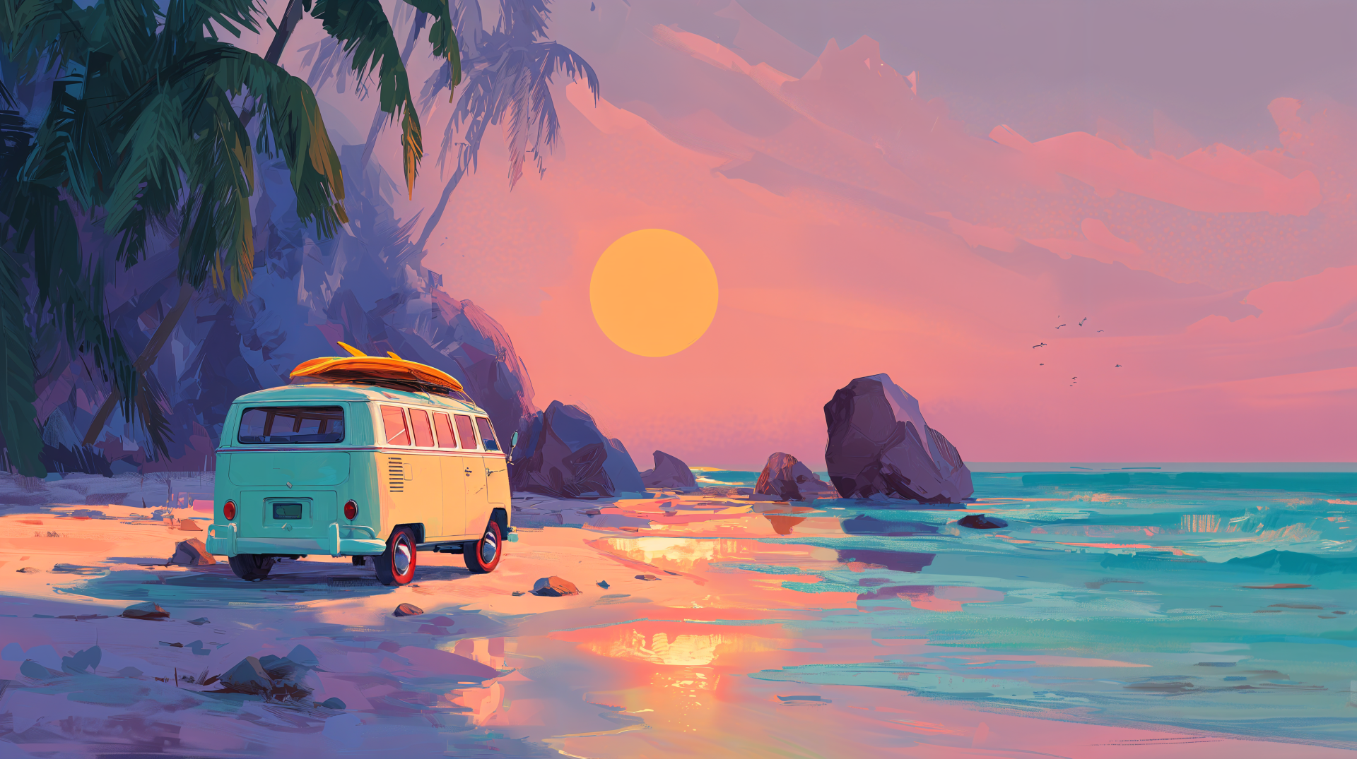 4K Ultra HD wallpaper of a serene beach at sunset with a vintage van parked on the shore, palm trees, and vibrant summer vibes reflected in the calm ocean water.