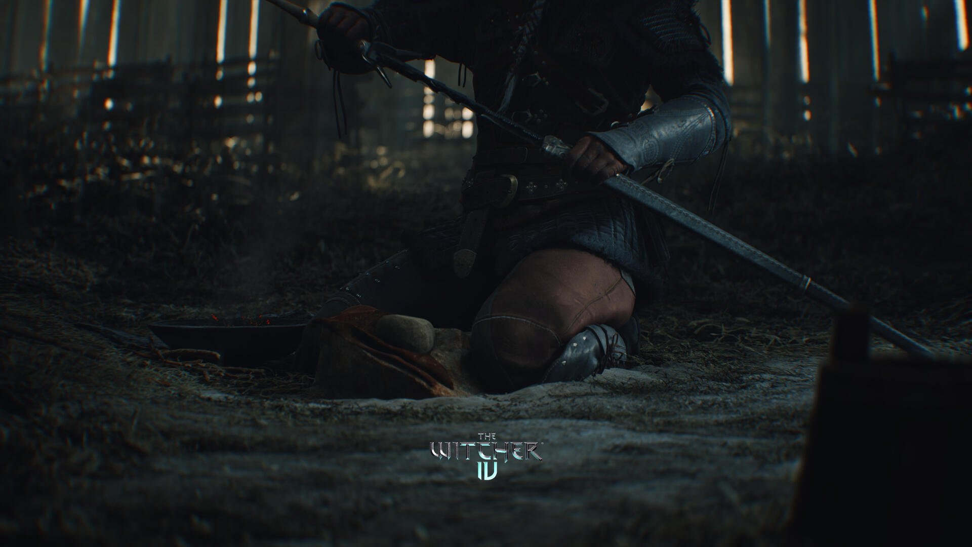 4K Ultra HD PC wallpaper of a dark, atmospheric scene from the video game The Witcher IV, featuring a character kneeling with a sword in a dimly lit environment.
