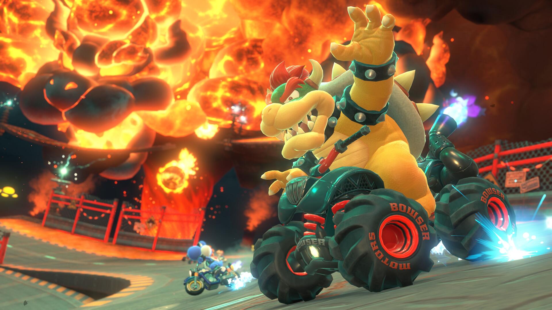 4K Ultra HD Mario Kart world wallpaper showcasing intense kart racing action with fiery explosions and dynamic lighting on a PC desktop background.