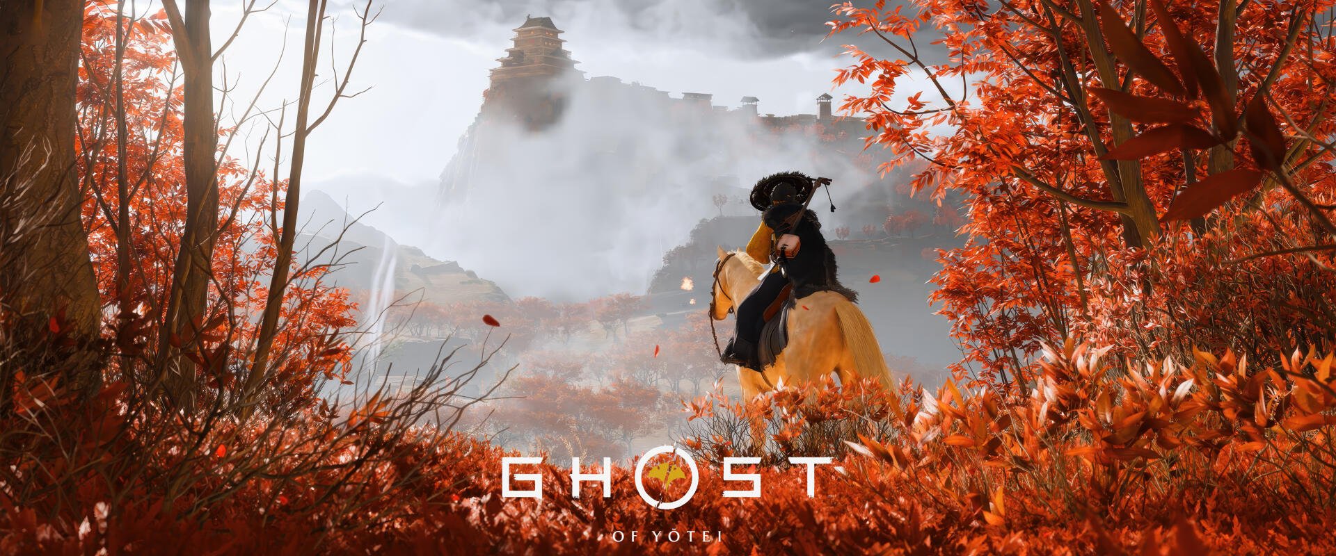A 4K Ultra HD PC desktop wallpaper from the video game Ghost of Yōtei, featuring a lone warrior on horseback amidst vibrant autumn foliage with a misty castle in the background.