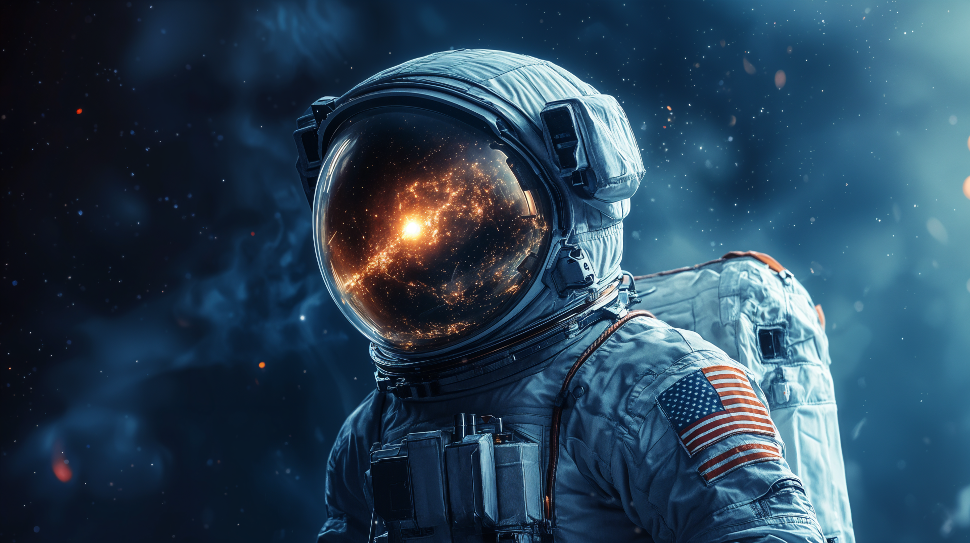 A detailed 4K Ultra HD sci-fi PC wallpaper featuring an astronaut in a space suit with a reflective visor against a cosmic background.