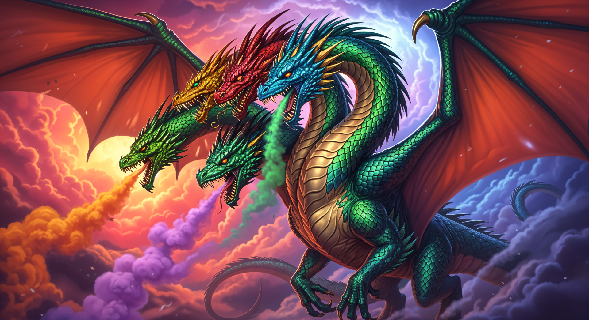 A vibrant 4K Ultra HD PC desktop wallpaper of a fierce multi-headed dragon soaring through a stormy sky with red wings and colorful scales.