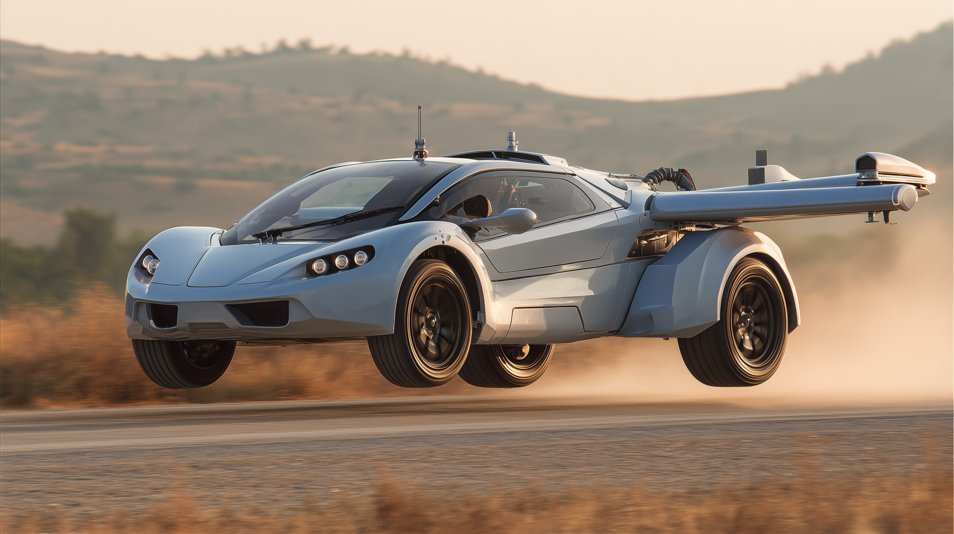 Futuristic flying car soaring low over a dusty landscape, captured in sharp HD detail as a dynamic PC desktop wallpaper background.