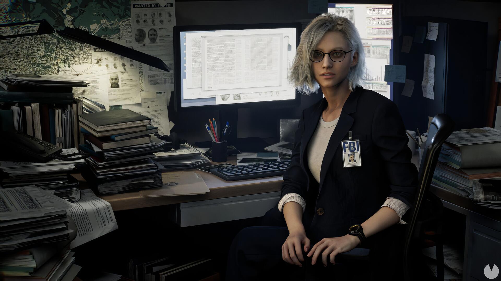 HD PC desktop wallpaper featuring a character from the video game Resident Evil Requiem in a dimly lit office setting.