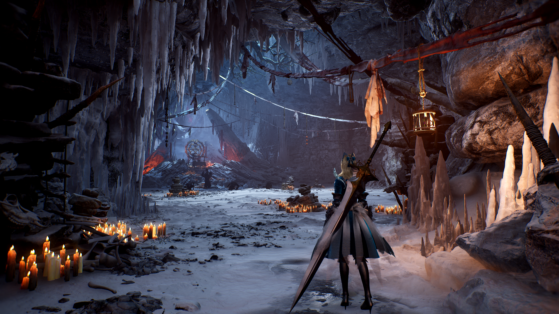 HD PC desktop wallpaper from the video game Vindictus: Defying Fate, depicting a character with a large sword exploring a dark, candle-lit cave.