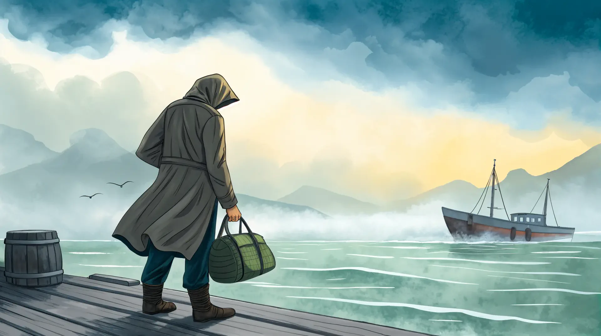 4K Ultra HD PC desktop wallpaper featuring a lone smuggler in a hooded coat carrying a bag, standing by the misty shore with a ship in the distance under a cloudy sky.