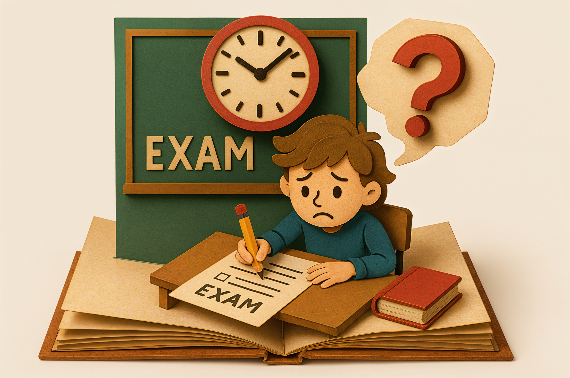 4K Ultra HD desktop wallpaper depicting a worried student taking an exam under a clock, with a question mark symbolizing uncertainty.