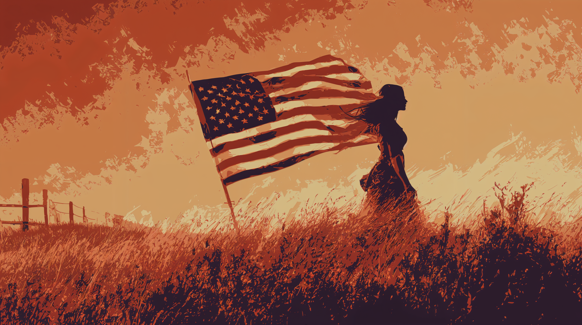 4K Ultra HD PC desktop wallpaper showing a person walking through a field holding a waving American flag against a warm, textured sky.