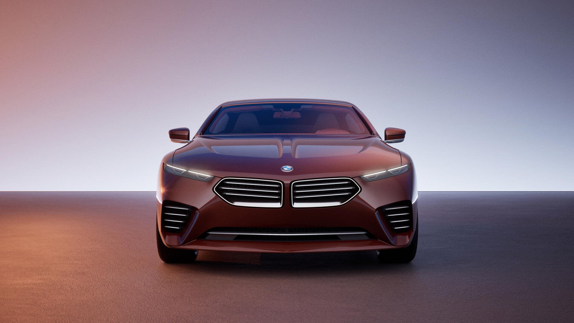 Front view of a sleek BMW Speedtop car showcased in an 8K Ultra HD desktop wallpaper with a gradient background.