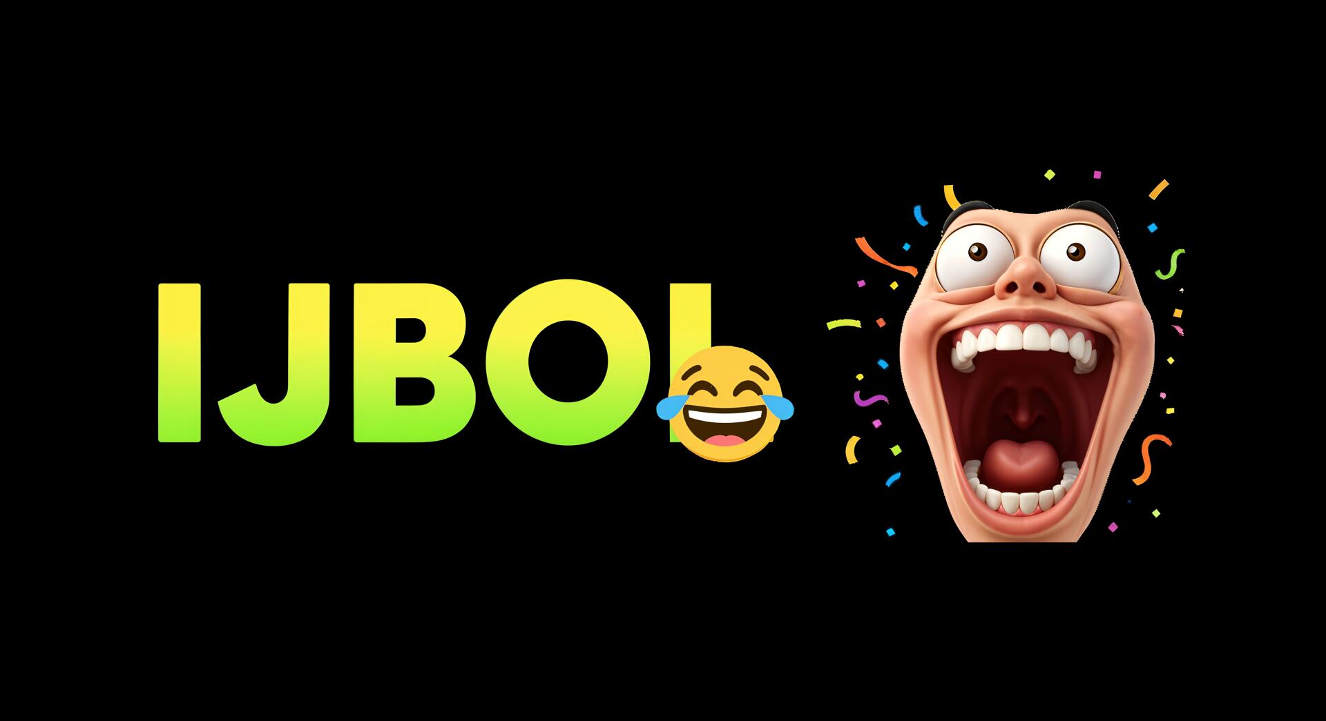 4K Ultra HD PC desktop wallpaper featuring bold green and yellow IJBOL text with a laughing emoji and an exaggerated, joyful cartoon face surrounded by confetti.