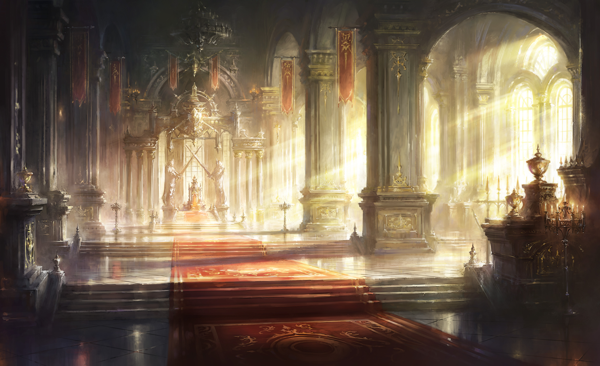 HD PC desktop wallpaper from the video game Shadowverse: Worlds Beyond, depicting a grand, sunlit castle interior with ornate columns and a red carpeted staircase.