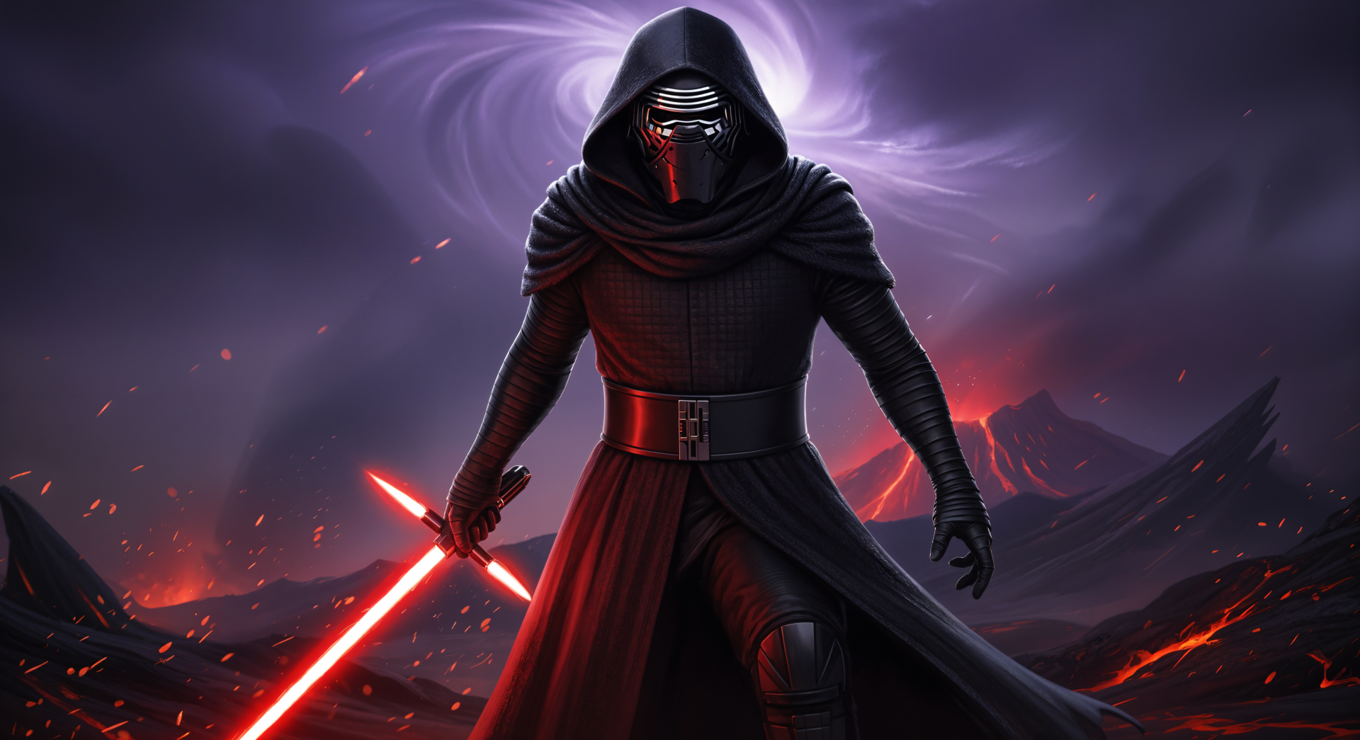 Kylo Ren stands wielding his red crossguard lightsaber against a dark, fiery volcanic backdrop in this 4K Ultra HD PC desktop wallpaper.