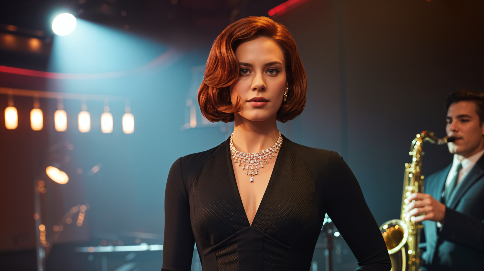 Black Widow in a sleek black outfit with red hair, set against a dimly lit jazz club background, captured in a 4K Ultra HD PC desktop wallpaper.