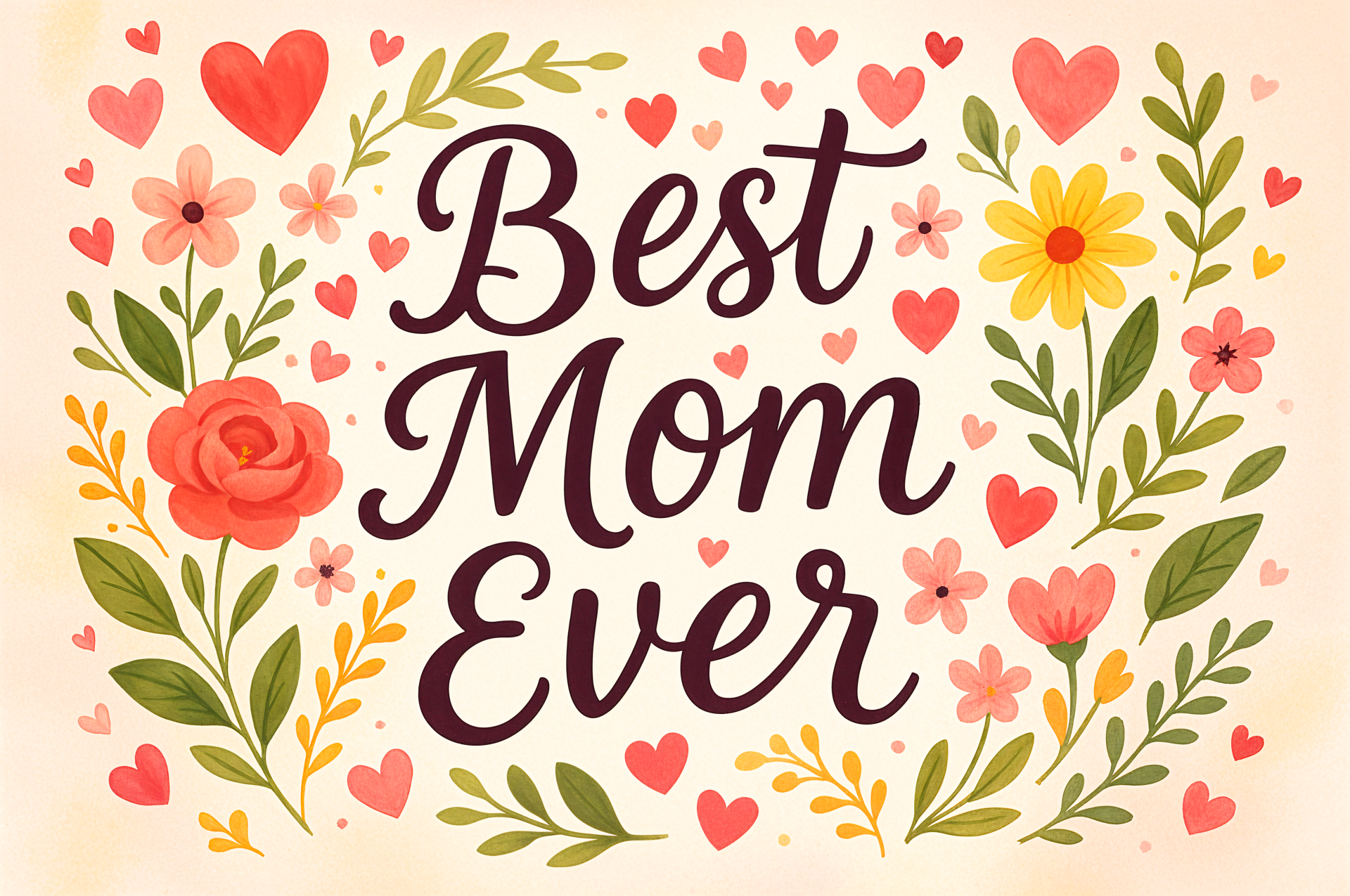 4K Ultra HD PC desktop wallpaper featuring Best Mom Ever text surrounded by colorful flowers and hearts in a cheerful, hand-drawn style.