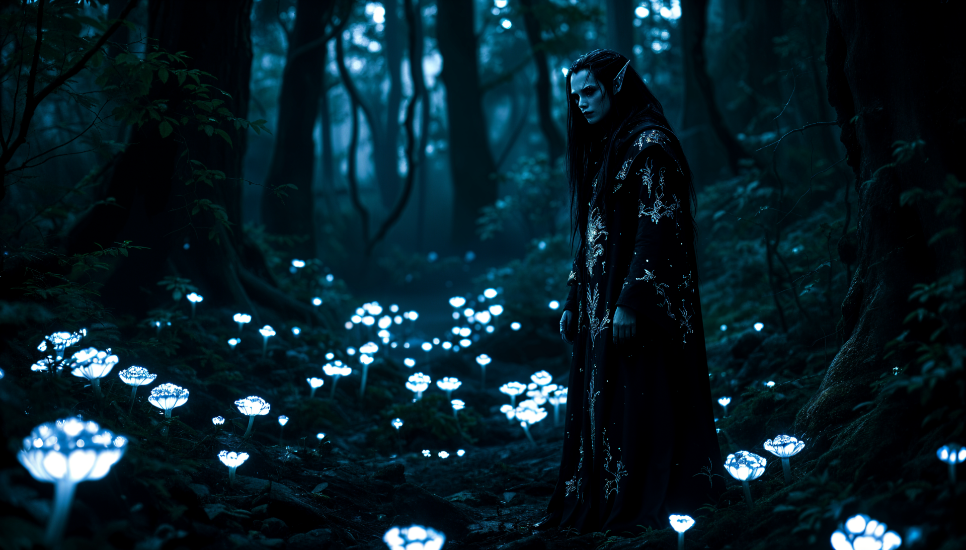 4K Ultra HD wallpaper featuring a dark elf standing in an eerie forest illuminated by glowing blue flowers, creating a mystical and dark fantasy atmosphere.