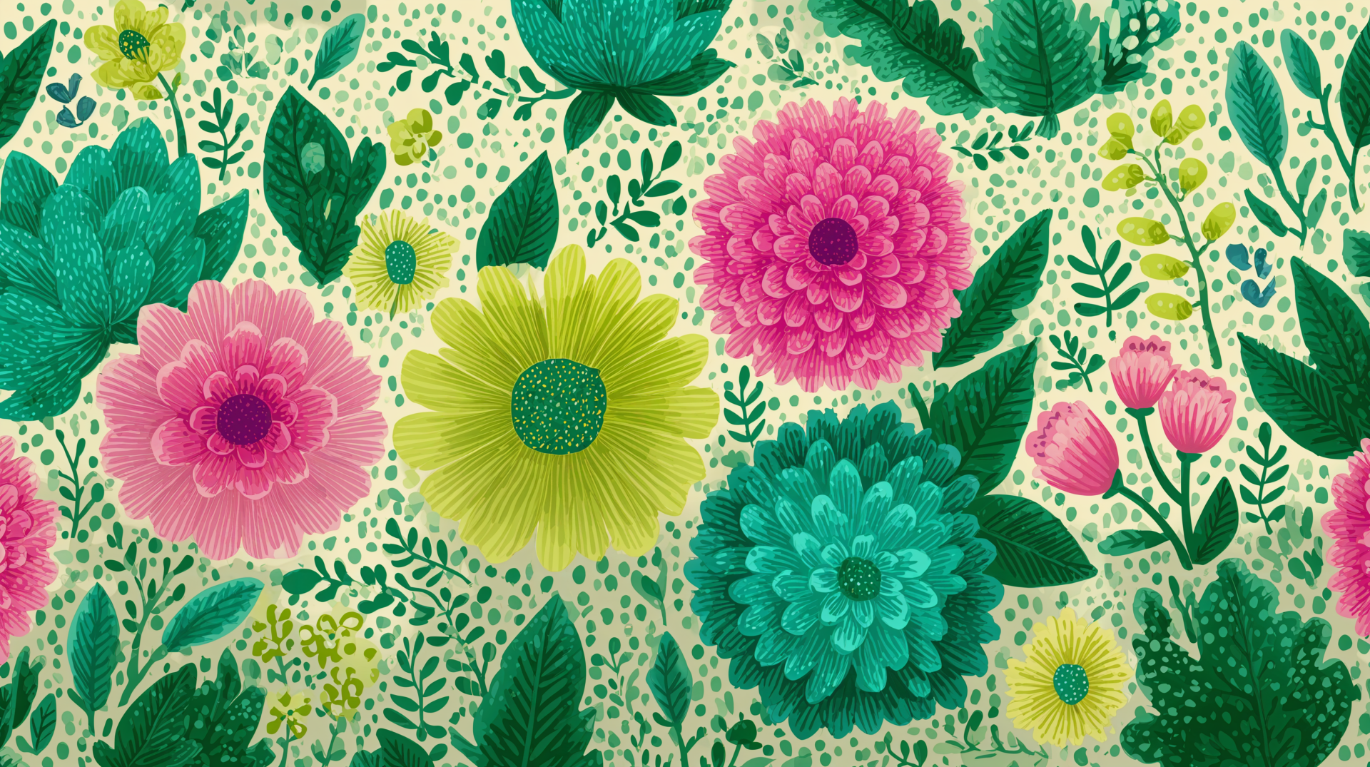 A vibrant spring pattern featuring pink, yellow, and teal flowers with green leaves, rendered in 4K Ultra HD as a PC desktop wallpaper and background.