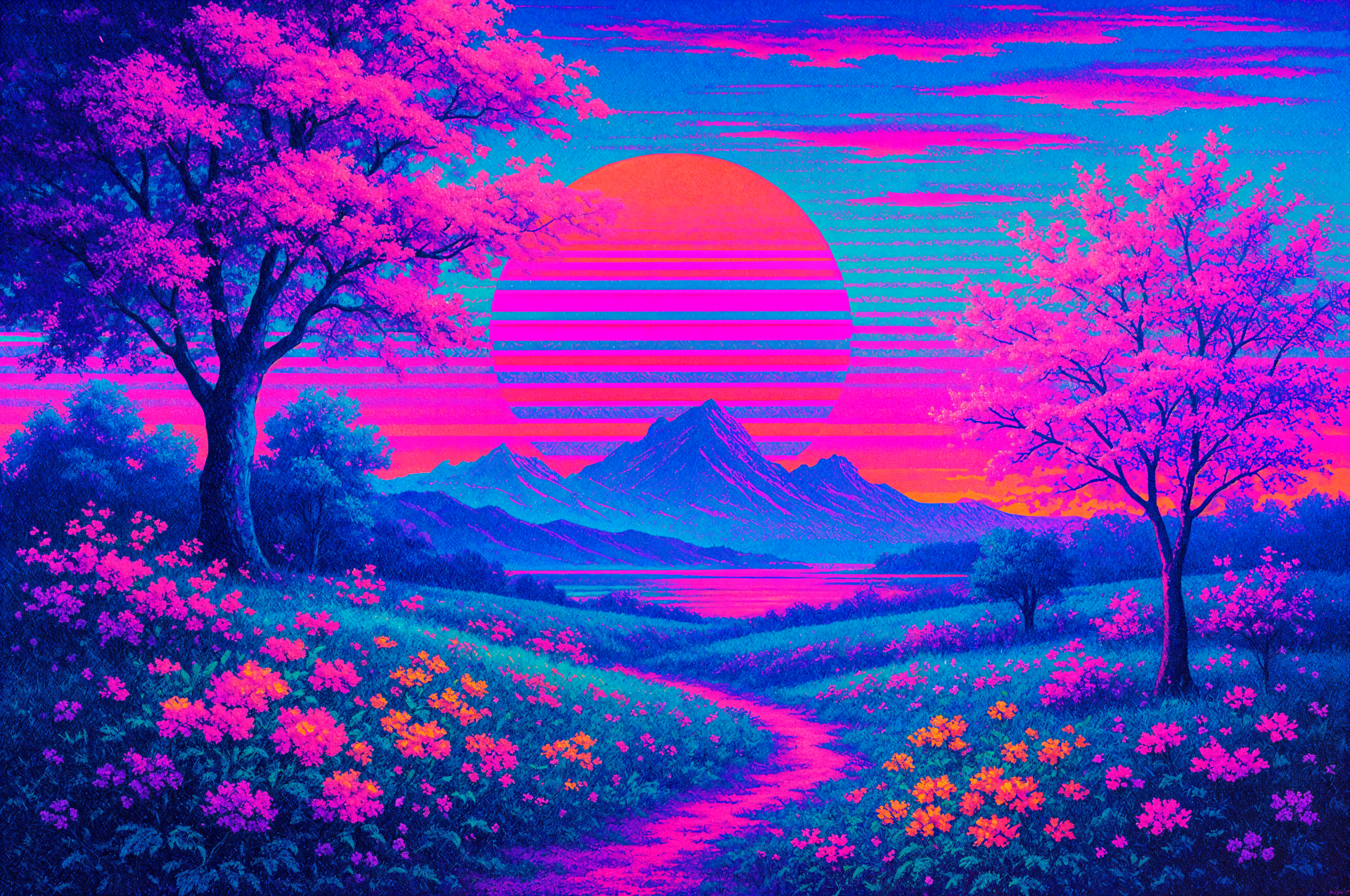 A vibrant 4K Ultra HD PC desktop wallpaper featuring neon pink and purple blossoming trees, colorful flowers, a winding path, and a stylized sunset over distant mountains.