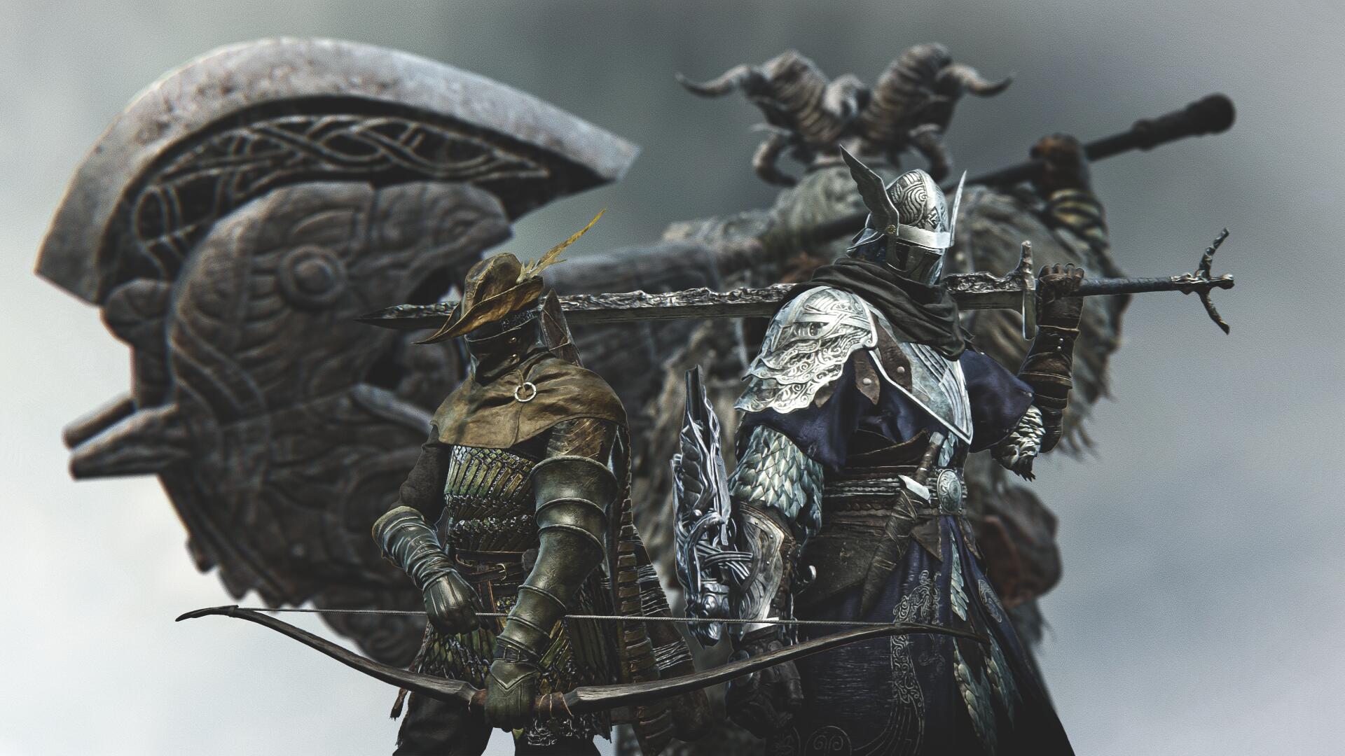 4K Ultra HD desktop wallpaper featuring armored warriors from the video game Elden Ring Nightreign, showcasing detailed armor and weapons in a dark, moody setting.