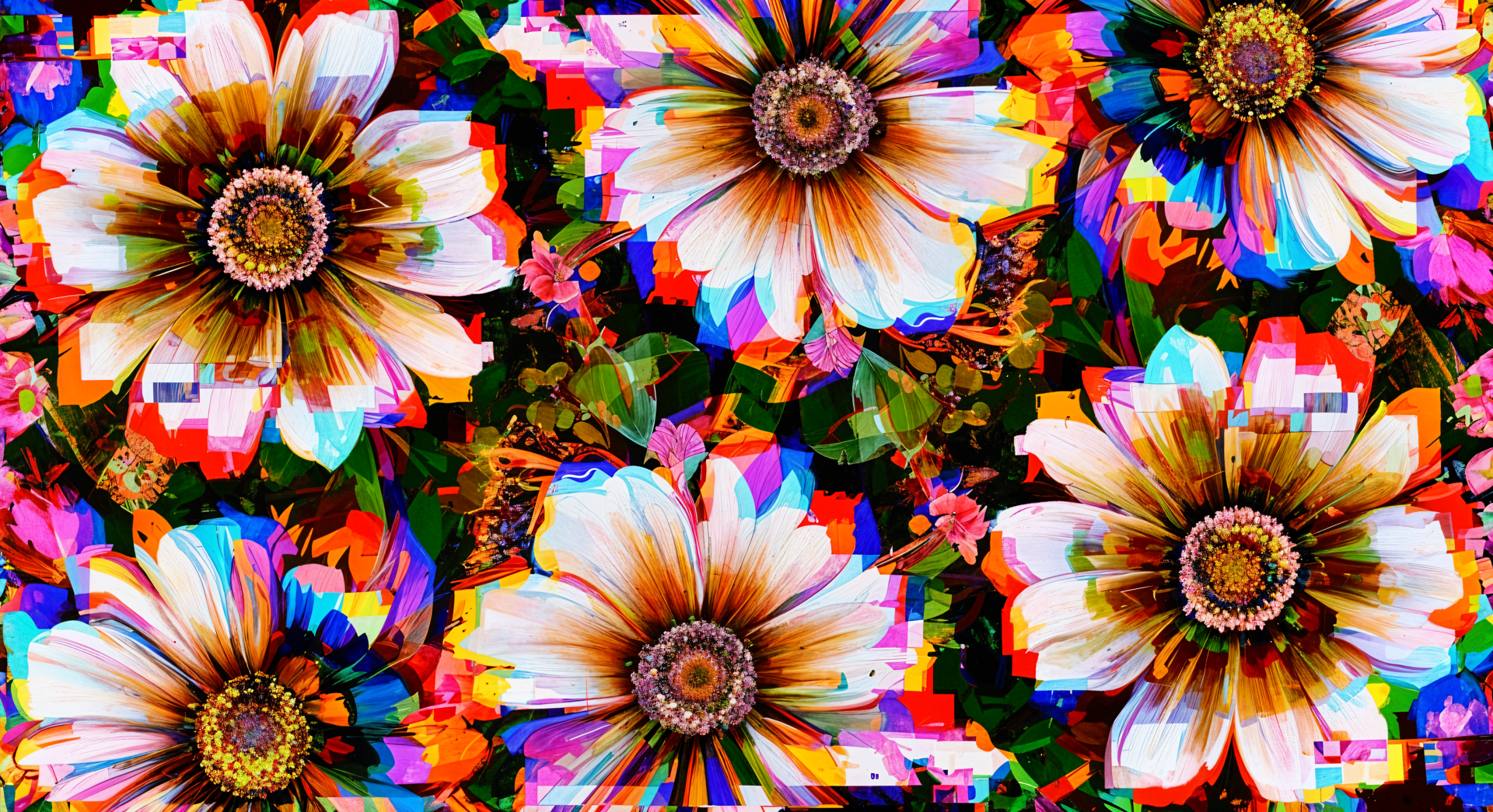Vibrant flower pattern with a glitch art effect, rendered in 4K Ultra HD for a dynamic PC desktop wallpaper and background.