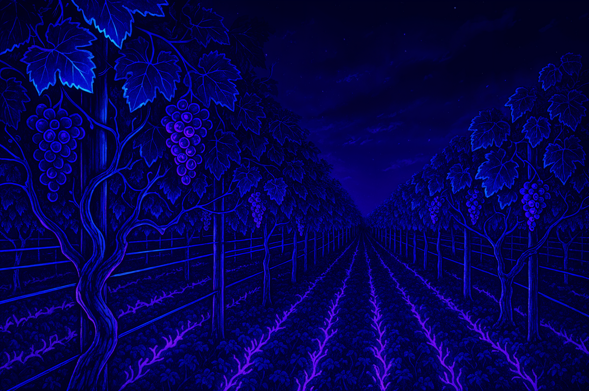 4K Ultra HD desktop wallpaper featuring a vineyard at night, illuminated in deep blue and purple hues creating a serene and mystical atmosphere.