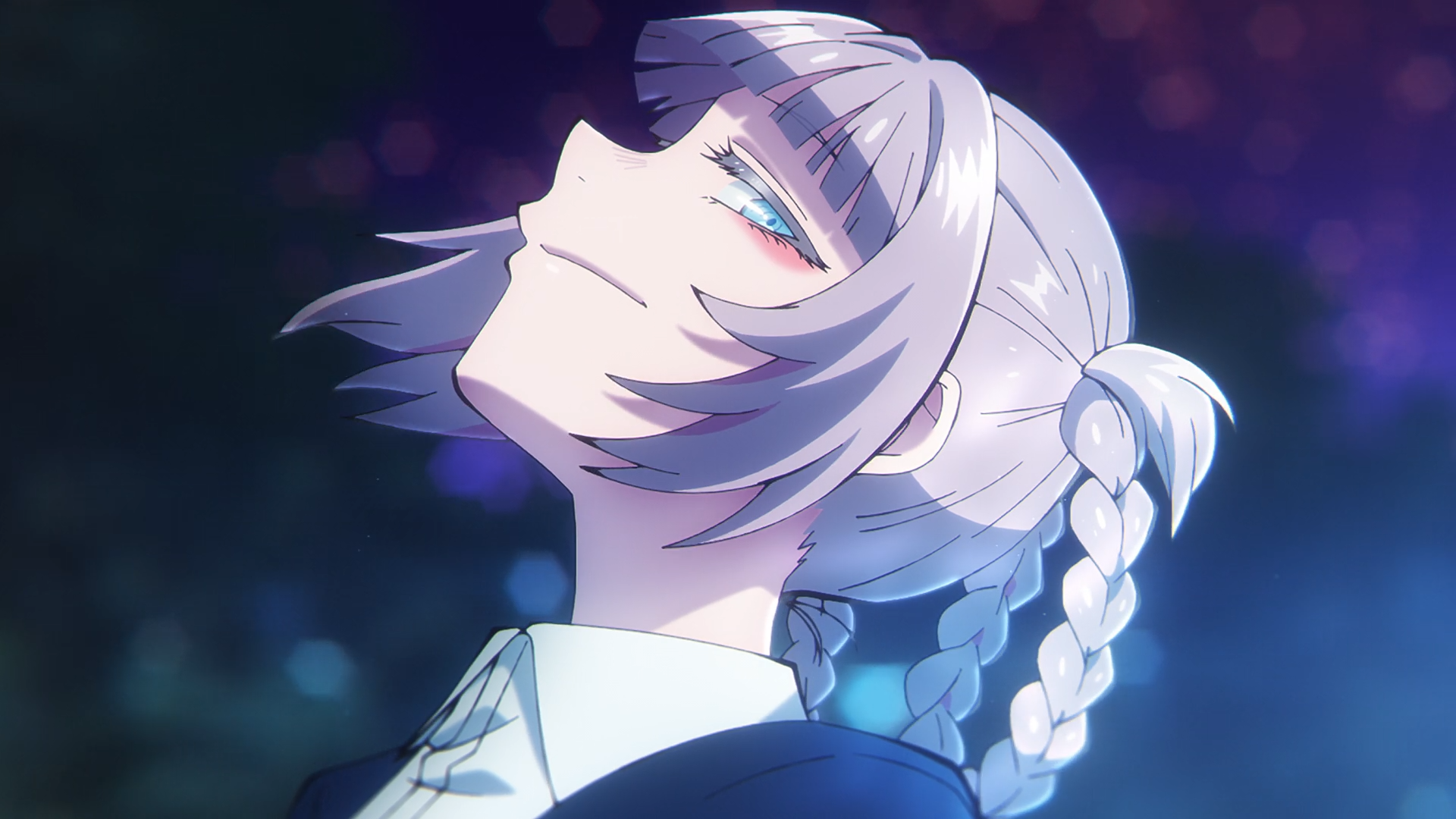 Anime HD PC wallpaper of Nazuna Nanakusa (Call of the Night): close-up profile with braided silver hair, dreamy half-closed eyes and soft bokeh night lights.